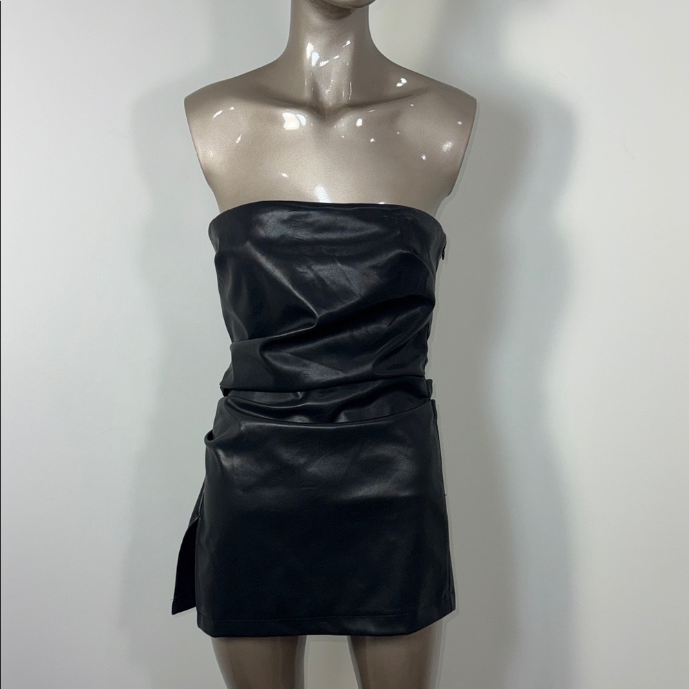 Strapless Black Faux Leather Mini Dress